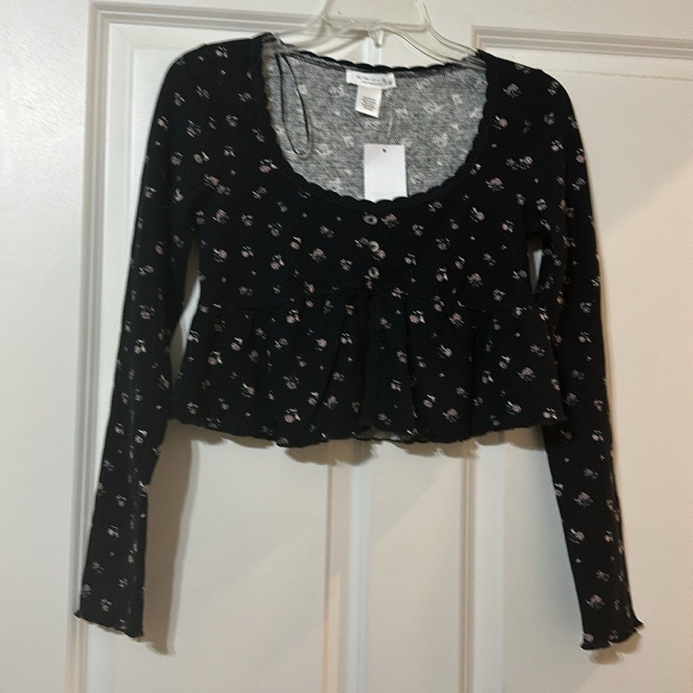 Kirious Los Angeles Black Floral Waffle Knit Peplum Top Long Sleeve KT10026 S - Picture 2 of 14